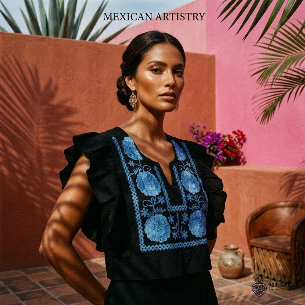 Traditional Mexican Huipil style Blouse – Handmade Embroidered Manta Top